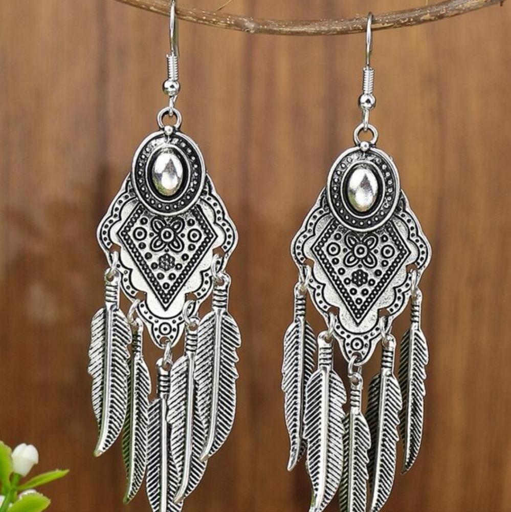 Faux feather metal earrings boho style